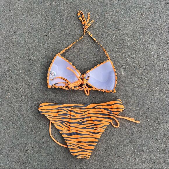 Vintage Y2K True Crush Orange Tiger Stripe Triangle Pushup Bikini Small/Medium - Picture 2 of 6